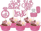 30 PCS He Asked She Said Yes Cupcake Toppers Diamond Ring Cupcake Picks Love I Do Cake Picks for Wedding Enaggement Bridal Shower Party Cake Decorations Supplies Pink