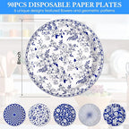 90 Pcs Paper Plates 8 Inch Bulk Thick Heavy Duty Disposable Plates Printed Blue and White Plate for Party, Wedding, Birthday, Tea, Picnic Barbecue, Everyday Use, Soak Proof, Cut Proof