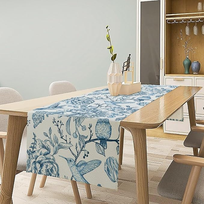Blue White Table Runner Retro Monochrome Sketch Birds Flower Vintage Floral Kitchen Dining Table Decoration for Home Party Holiday 13"x60"