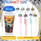 Yungyan 36 Sets Monster Truck Party Favors Goodie Cups with Lids and Straws for Birthday Decorations Reusable 16oz Plastic Candy Cups Plastic Straws for Birthday Party (Truck)