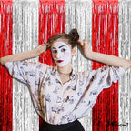 4 Pack 3.2Ft x 6.6Ft Red and Silver Fringe Curtain Backdrop, Metallic Tinsel Foil Fringe Streamers Curtains Background for Photo Booth Wedding Circus Welcome Carnival Birthday Party Decorations