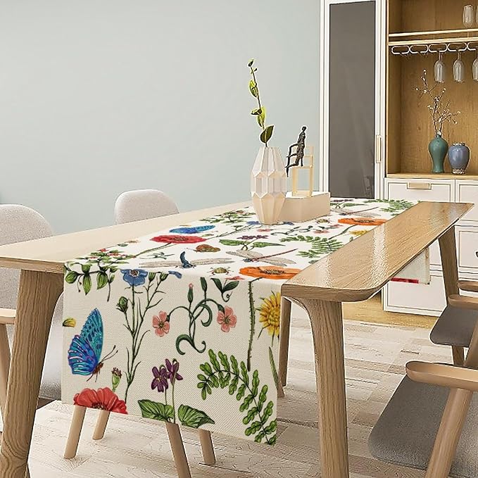 Vintage Botanical Flowers Table Runner, Seasonal Summer Plants Florals Butterfly Dinner Runner for Home Kitchen Dining Table Party Holiday Decoration 13"x90"