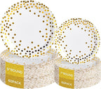 Lullaby 120PCS White Paper Plates, Disposable Gold Paper Plates, 60pcs Dinner Plates 9"，60pcs Dessert Plates 7", Party Plates with Golden Dot for Birthday, Gathering and Graduation