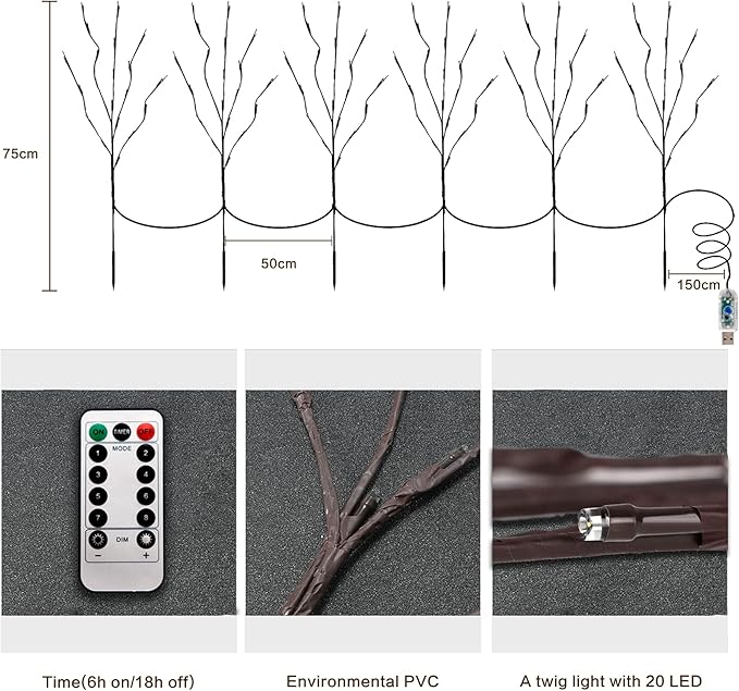 MENCH Branch Lights,6 Pcs Twig Light USB&Battery Powered 8 Flashing Modes by Remote Control.Branch Lights for Indoor, Light Up Decorations for Halloween Day and Christmas,Green
