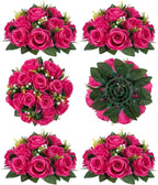 BLOSMON Pink Roses Artificial Flowers: 6 Pcs Hot Pink Fake Flower Balls for Wedding Dinning Table Centerpieces - Fake Silk Kissing Bouquet Floral Arrangement for Home Party Event Decor