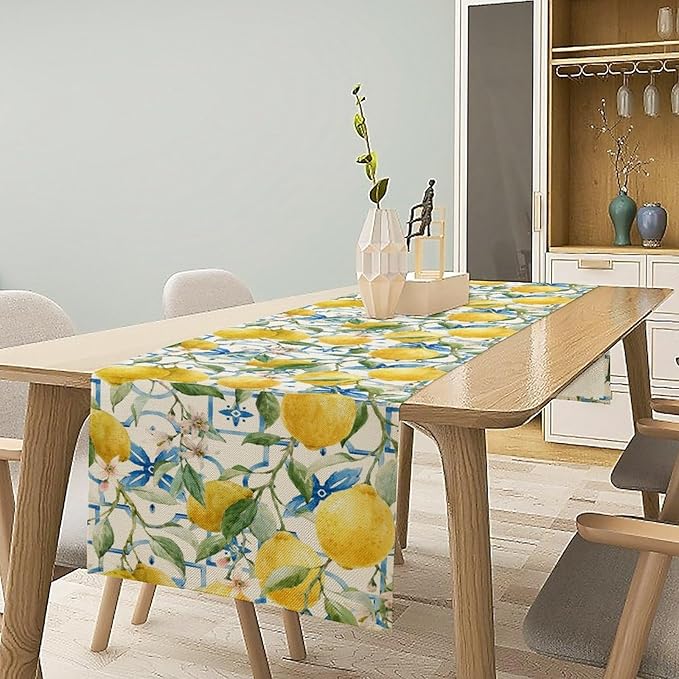 Lemon Table Runner,Watercolor Fruit Green Leaves Spring Summer Table Cloth Kitchen Dining Table Home Party Decoration 13x72 Inch