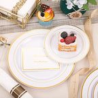 350Piece Gold Dinnerware Set for 50 Guests - Gold Plastic Plates with Disposable Cutlery Include:50Dinner Plates-50Dessert Plates-50Pre Rolled Napkins with Silverware for Thanksgiving