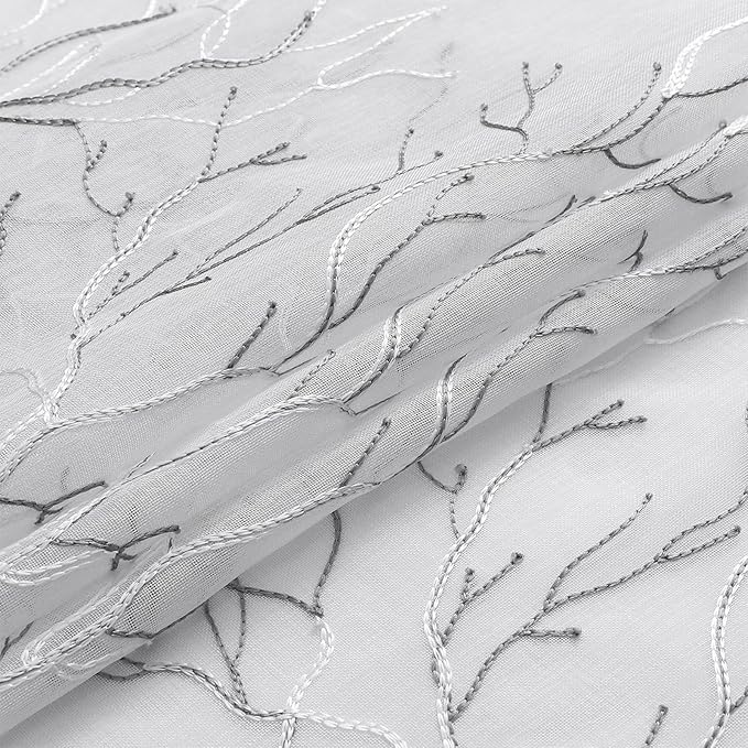 VISIONTEX Sheer Curtains 63 inch Length 2 Panels Set, Decorative Grey Coral Embroidery, Rod Pocket Embroidered Window Drapes for Living Room and Bedroom, 54" x 63"