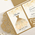 DORIS HOME 50pcs Laser Cut Quinceanera Invitations Gold, 4.7x7.1 Personalized Quince Invitations for 15th Birthday, Invitation cards for Sweet 16 with Envelopes