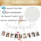 Pre-Strung Engaged Photo Banner - Silver Glitter Engagement Party Decoration Supplies with Romantic Memories Picture Card Frames for Bachelorette, Bridal Shower, Wedding Party Photo Booth Props