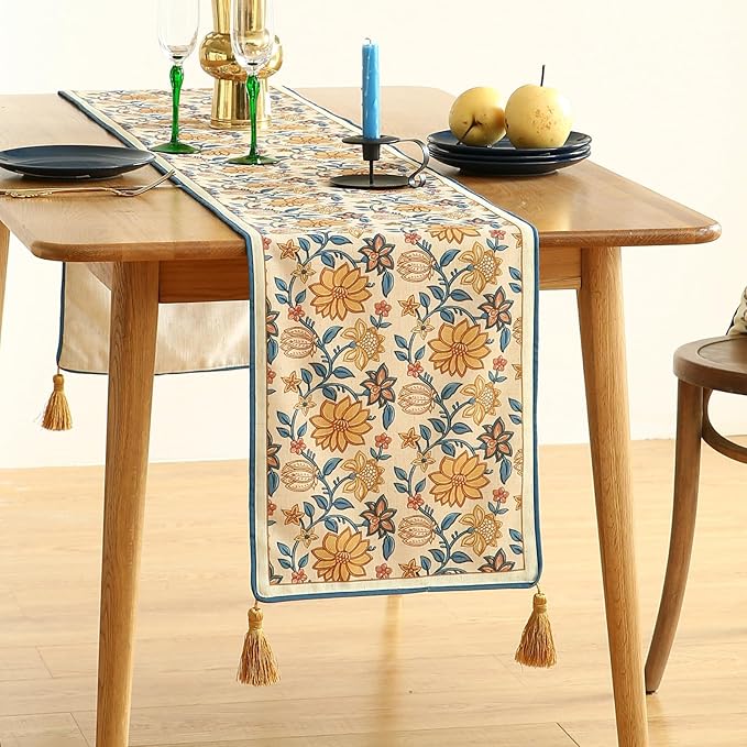 ISAENNE Designer Bohemian Elegant Linen Table Runner 87 Inches Long,Floral Pattern Duable Decor Table Runners for Dining Tables,Thanksgiving,Kitchen Tables,Christmas,12"*87"-Estevan B