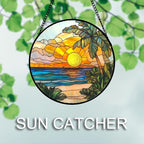 Stained Glass Window Hanging 4 Pcs Set Blue Ocean Coconut Tree Scenery 9.8" - Suncatcher Door Garden Sun Catcher Decor Birthday Christmas for Mom Woman Nana Men