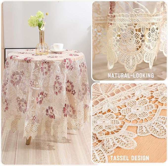 Round Embroidered Lace Tablecloth Vintage Decorative Exquisite Border Table Cover for Party Wedding Home Decorations, Round-70 inch, Red
