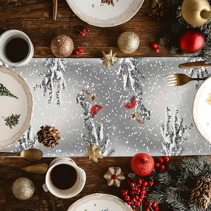 Christmas Snowman Cotton Linen Table Runner for Dining Kitchen, Snowflakes Xmas Pine Tree Wedding Outdoor Party Tablerunner Decoration Winter Bird Dresser Scarf Coffee Tablecloth Runners 13x48 Inches