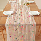 White Embroidery Daisy Fall Table Runner 120Inch 10FT Florals Soft Sheer Tulle Fabric Table Runner for Home Decor, Brithday, Wedding, Baby Shower ,Holiday ,Parties, DIY Craft,1PC