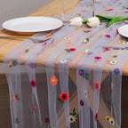 BINBE 1pcs Daisy Fall Table Runner Embroidery Gauze 10FT Florals Seasonal Tulle Holiday Birthday Kitchen Dining Table Decor for Home Party Blue