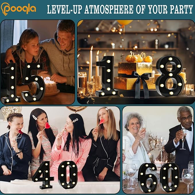 Pooqla Decorative Led Light Up Number Letters, Black Plastic Marquee Number Lights Sign for 1st 10th 21th Birthday Party Wedding Decor Battery Operated Black Decoration 1