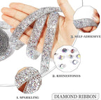 Rhinestone Ribbon 3 Yards Self Adhesive Rhinestone Strips Diamond Ribbon Sticker Crystal Roll Glitter Bling Rhinestones Tape for Crafting DIY Art Decoration (Silver AB,0.6 Inch)