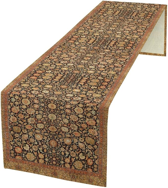 Vintage Boho Floral Table Runner, Rustic Country Farmhouse Orange Yellow Black Retro Flower Pattern for Home Kitchen Table Decor Dining Coffee Room Party Decor 13x36in