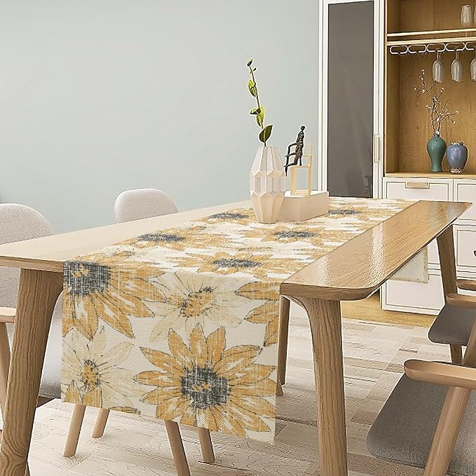 Chrysanthemum Vintage Floral Table Runner, Elegant Grunge Orange Sunflower Spring Summer Elegant Pattern Artichokes Flower Table Runner for Party Kitchen Dining Living Room Decor, 13x70 Inch