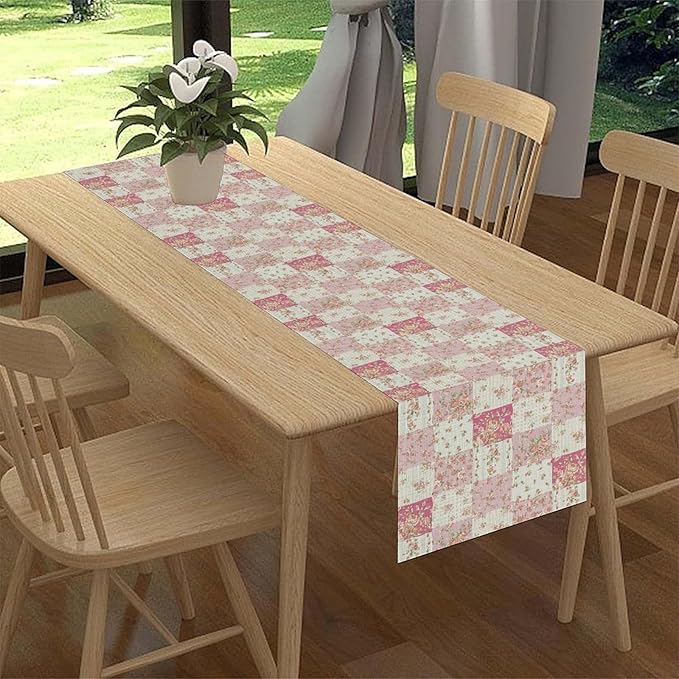 Patchwork Table Runner, Boho Vintage Pink Wildflowers Bohemian Paisley Flower Farmhouse Table Center Decor for Home Kitchen Dining Patio Holiday Party Indoor Outdoor Table Decorations, 13"x90" Inch