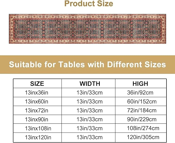 Vintage Boho Floral Table Runner, Rustic Country Farmhouse Red Teal Retro Flower Pattern for Home Kitchen Table Decor Dining Coffee Room Party Decor 13x120in