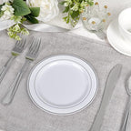 bUCLA 200PCS Silver Plastic Plates - 6.25inch White with Silver Trim Disposable Salad/Dessert/Appetizer/Small Cake Plates - Ideal for Wedding & Party