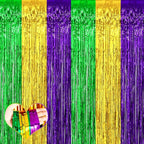 4 Pack 3.2Ft x 6.6Ft Mardi Gras Fringe Curtain Backdrop, Gold Green Purple Metallic Tinsel Foil Fringe Streamers Curtains Background for Photo Booth Birthday Wedding Carnival Party Decorations