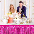 3 Pack 29 x108 Inch Fuchsia Foil Fringe Table Skirts Metallic Banner for Tinsel Streamer Garland Backdrop for Parade Floats Mother's Day, Graduate, Birthday, Wedding Party Decoration