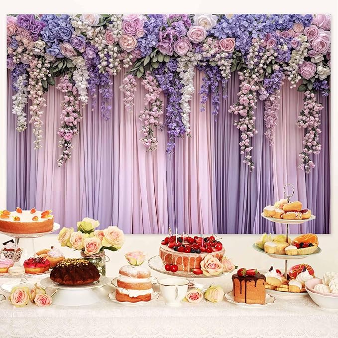 10x8ft Purple Flower Wedding Photography Backdrop Lavender Floral Wedding Bridal Photography Backdrop Anniversary Birthday Baby Shower Girl Party Banner Photo Booth Props Background Wall Decor