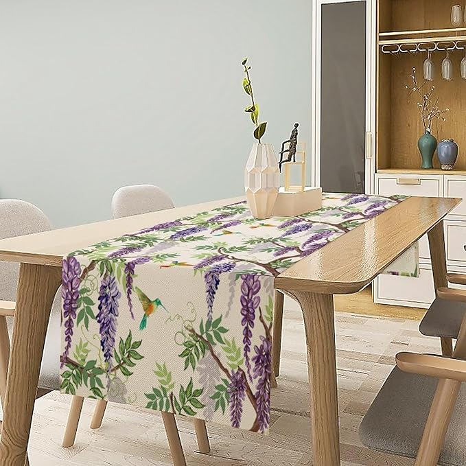 Vintage Bird Flower Table Runner Seasonal Spring Purple Wisteria Garden Plants Lavender Florals Farmhouse Country Kitchen Dinner Runner Dining Table Decoration for Home Party Holiday 13"x36"
