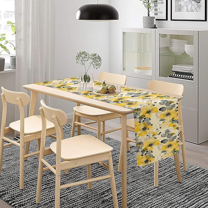 Floral Table Runner,Yellow Flowers Spring Print Table Cloth Kitchen Dining Table Home Party Decoration 13x60 Inch
