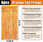 6 Pack Orange Foil Fringe Curtain Backdrop, 3.28Ft x 8.2Ft Metallic Tinsel Foil Fringe Streamer Curtains for Photo Booth, Birthday, Wedding, New Year Party Decorations