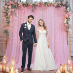 30×10ft Pink Tulle Backdrop Curtain with Lights String for Parties, Sheer Photo Backdrop Curtains for Wedding Party Photography Background