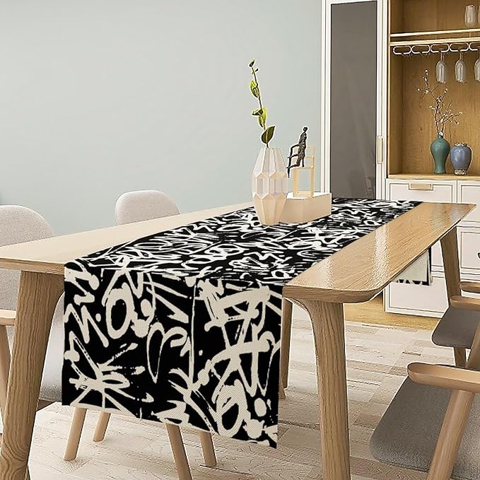 Graffiti Table Runner,Black White Abstract Messy Art Theme Pattern Print Tablecloth Burlap for Hotel Indoors Outdoor Dining Room Kitchen Home Decor,W13X L80 in