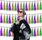 3P Metallic Fringe Tassel Banner Garland Foil Tinsel Streamer Wall Hanging Curtain Backdrop Banner for Parade Floats, Graduation, Carnival Mardi Gras Party Decorations(Gold Green Purple)