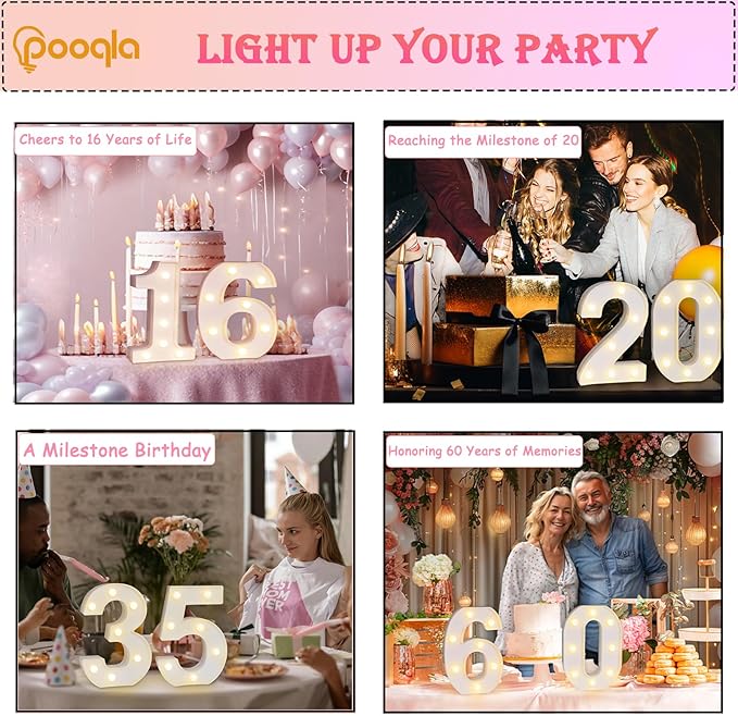 Pooqla 13th Birthday Decorations for Girls Boys, Light Up Number 13 for Party Table Decorations, 13th Birthday Gift for Girls, Backdrop Wall Decor for 13th Wedding Anniversary Decoration