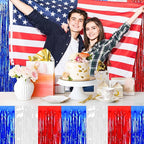 3 Pack 29 x108 Inch White Blue Red Foil Fringe Table Skirts Metallic Banner for Tinsel Streamer Garland Backdrop for Parade Floats Mother's Day, Graduate, Birthday, Wedding Party Decoration