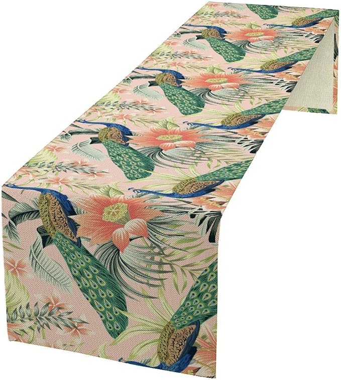 Peacock Table Runner,Pink Flower Peacock Birds Table Runner for Home Kitchen Dining Party Indoor Outdoor Decoration 13x120 Inch