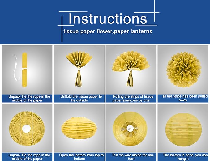 Navy-Blue White Gold Party Decorations - 15Pcs Tissue Pom Poms Paper Flowers Paper Lanterns Graduation Men Boy Birthday Wedding Bridal Baby Shower Father Day Decorations Supplies HongTongTong