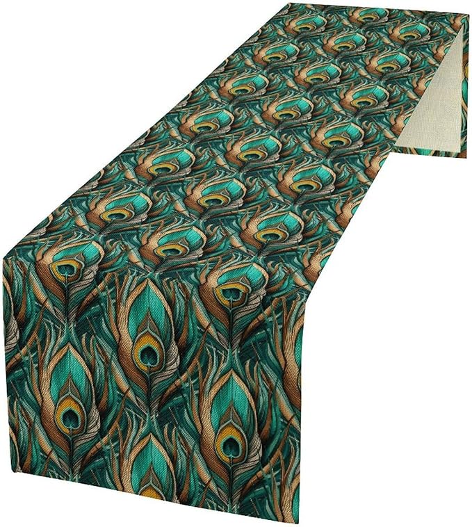 Peacock Feather Table Runner,Retro Aesthetic Green Table Runner for Home Kitchen Dining Party Indoor Outdoor Decoration 13x120 Inch
