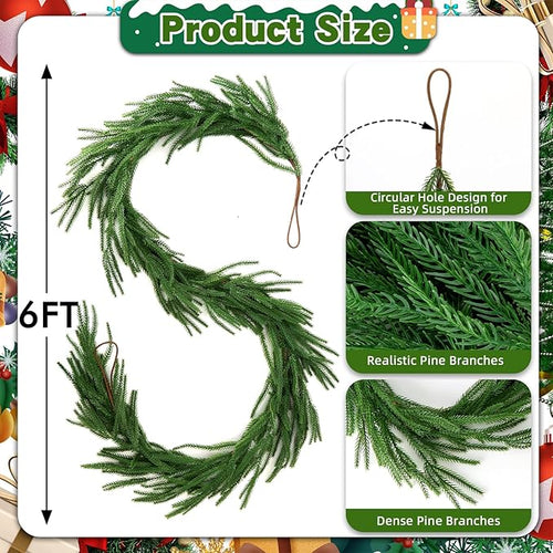 12 FT (2 * 6FT) Norfolk Pine Garland Artificial, Realistic Christmas Greenery for Mantle Table Wall, Real Touch Winter Pine Garland for Christmas Indoor Outdoor Decor (80 Branches)