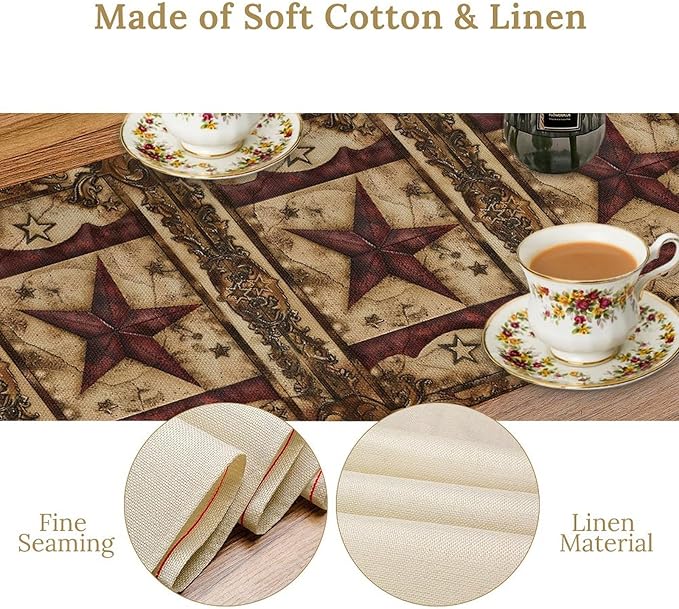 Wild West Table Runner, Rustic Farmhouse Texas Star Vintage Rodeo Cowboy Old Sign Wild West Print Pattern for Home Kitchen Table Decor Dining Coffee Room Garden Party Decor 13x120in