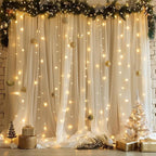 Fomcet Tulle Backdrop Curtains Champagne 30FT X 10FT Tulle Curtain with Lights String Sheer Backdrop Curtains for Parties Wedding Baby Shower Photo Shoot Decorations (6 Panels 5 x 10FT)
