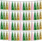 4P Pink-Gold Sage-Green Party-Decorations Foil Fringe Metallic Tassel Streamers Banner Tassel Garland for Parade Floats, Birthday, Bachelorette, Wedding, Halloween, Christmas