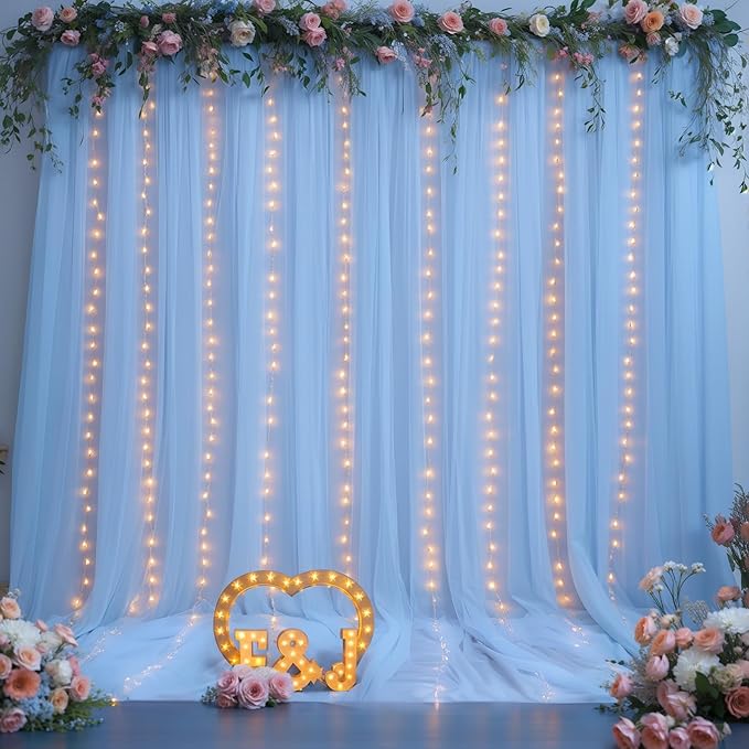 20x10ft Baby Blue Tulle Backdrop Curtains with Lights for Party Wedding Baby Shower, Sheer Wrinkle Free Backdrop Curtains for Birthday Party Photo Booth Background Decoration