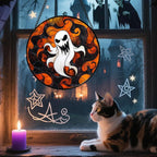 Stained Glass Window Hanging - Halloween White Ghost Suncatcher for Doors Window Garden Indoor Spooky Funny Orange Sun Catchers Gothic Decor Horror Gifts for Women Men Friend 11.8 in
