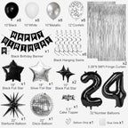 24th Birthday Decorations for Men Women, Black Silver Happy Birthday Party Decorations， 24 Year Old Party Supplies with Number 24 Balloons, Banner, Fringe Curtains Kit