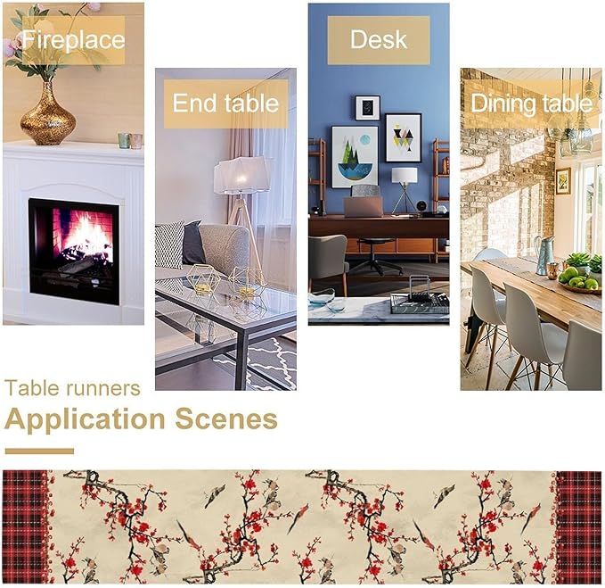 Bird Table Runner,Red Black Buffalo Plaid Blossom Seasonal Table Runner for Kitchen Dining Table Decoration Home Party Decor 13x36 Inch