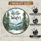 Round Christmas Metal Tin Sign Hello Winter Sign Christmas Pine Trees Welcome Door Sign Xmas Winter Holiday Farmhouse Rustic Wreath Sign for Indoor Outdoor Home Wall Window Decor 8 * 8 in
